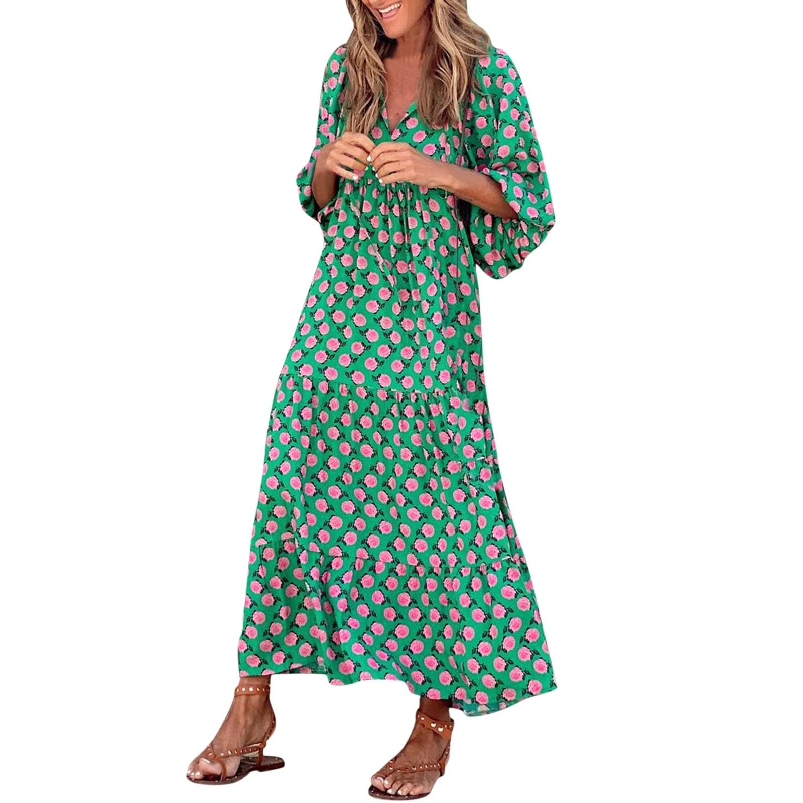 Boho Print Summer Dresses for Women - Floral V-Neck Half Sleeve Loose Long Dress with Strap | Perfect for Beach Vacation, Holiday Party & Casual Wear (Green, Size L)