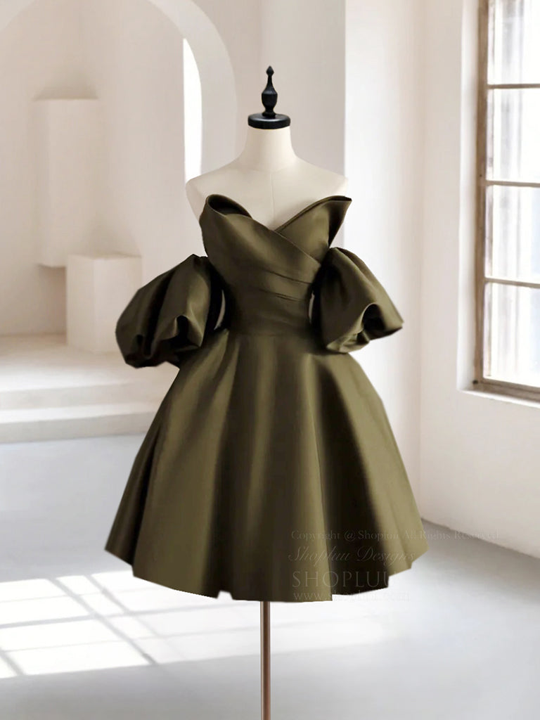 Elegant Olive Green A-Line Puff Sleeve Satin Short Prom Dress | Homecoming Party Gown | Perfect for Formal Dances, Graduation & Special Occasions