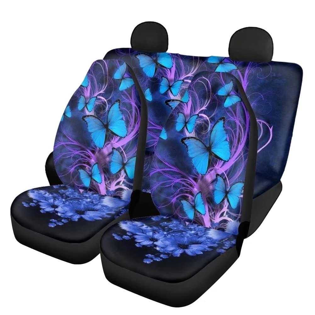 Freewander Padded Car Seat Covers for Front and Rear Seats - Split Design with Beautiful Blue Butterfly & Flower Pattern - Universal Fit for Most Cars - Perfect for Daily Commute, Road Trips & Protecting Your Car Seats