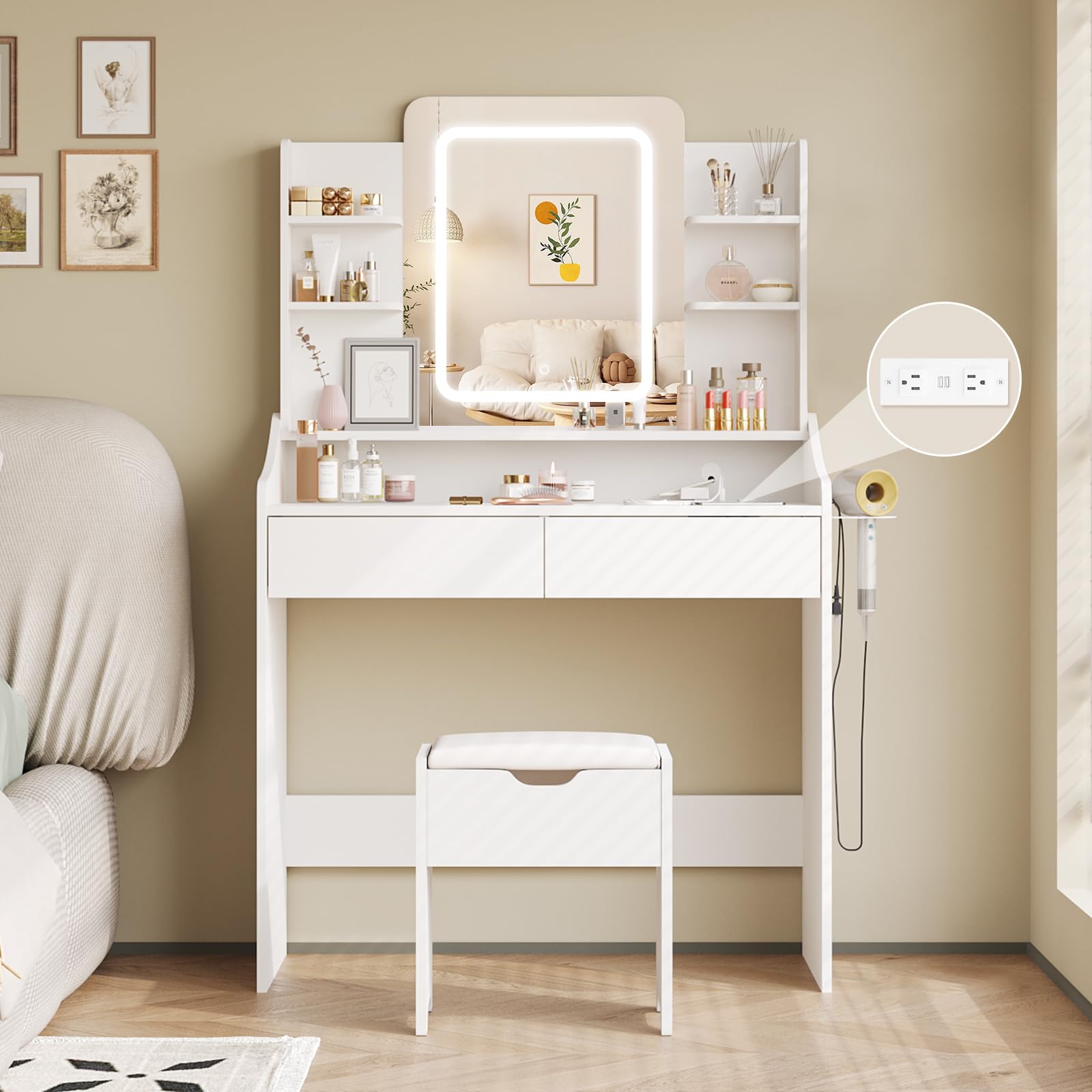 Vabches White Vanity Desk with LED Mirror & Power Outlet - 3 Lighting Modes Makeup Dressing Table with 2 Drawers & Hair Dryer Holder - Perfect for Bedroom, Dressing Room & Beauty Salon (Women & Girls)