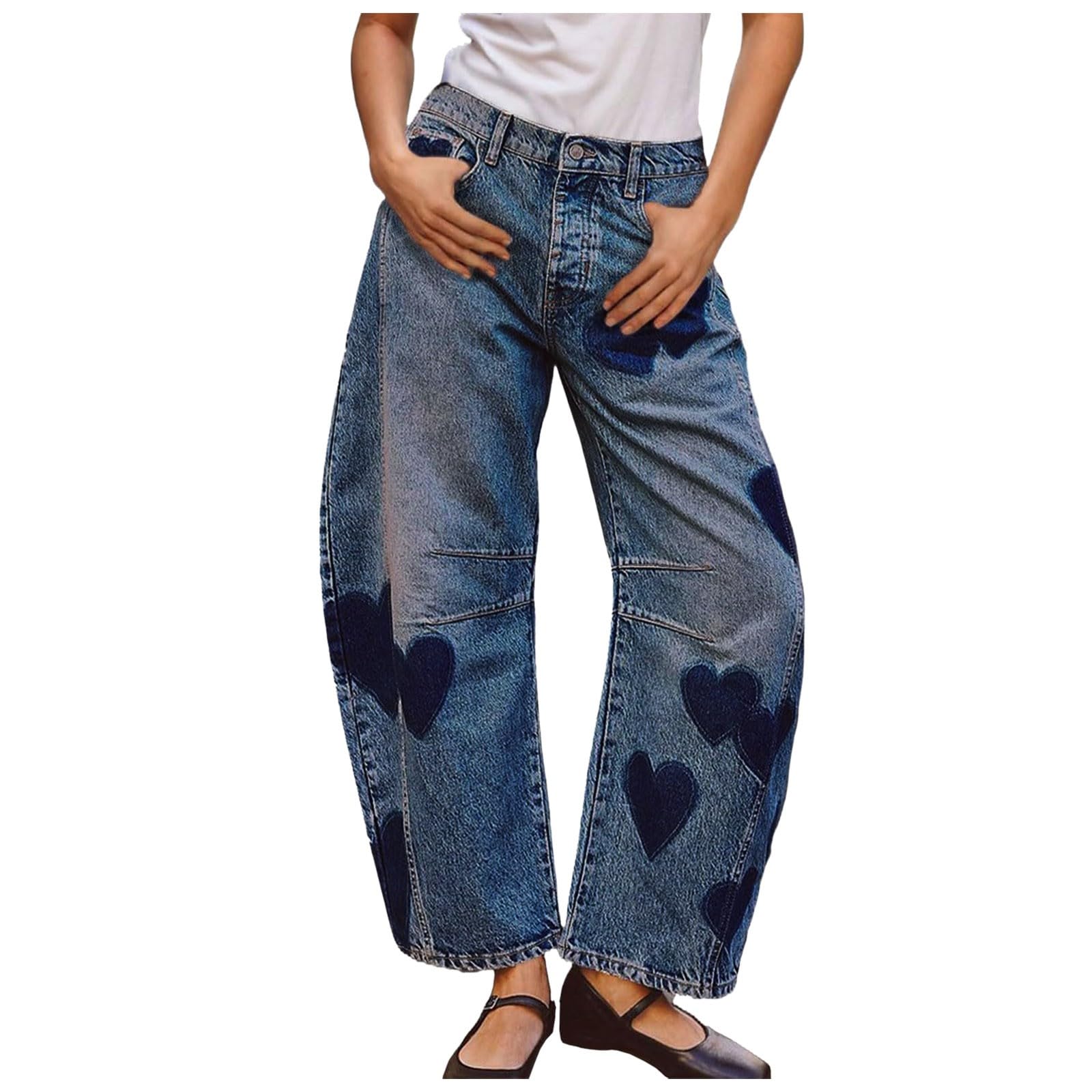 Vintage Heart Printed Barrel Jeans for Women - Mid Rise Baggy Boyfriend Denim Pants with Elastic Waist | Casual Outfit, Streetwear Fashion, Everyday Comfort