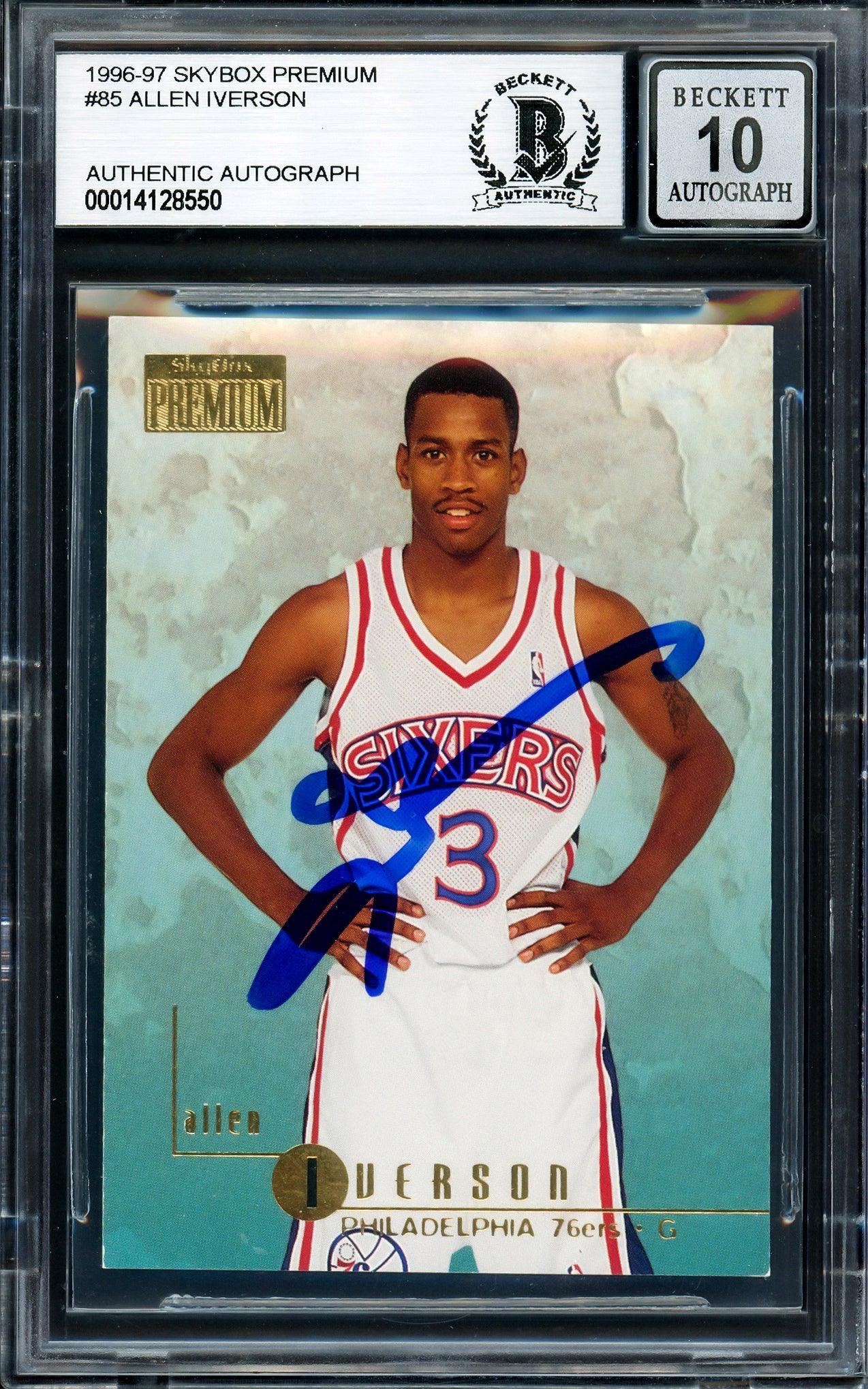 Allen Iverson Autographed 1996-97 Skybox Premium Rookie Card #85 Philadelphia 76ers - Beckett BAS Gem Mint 10 Grade - Stock #205772 - Perfect for NBA Memorabilia Collectors and 76ers Fans Display