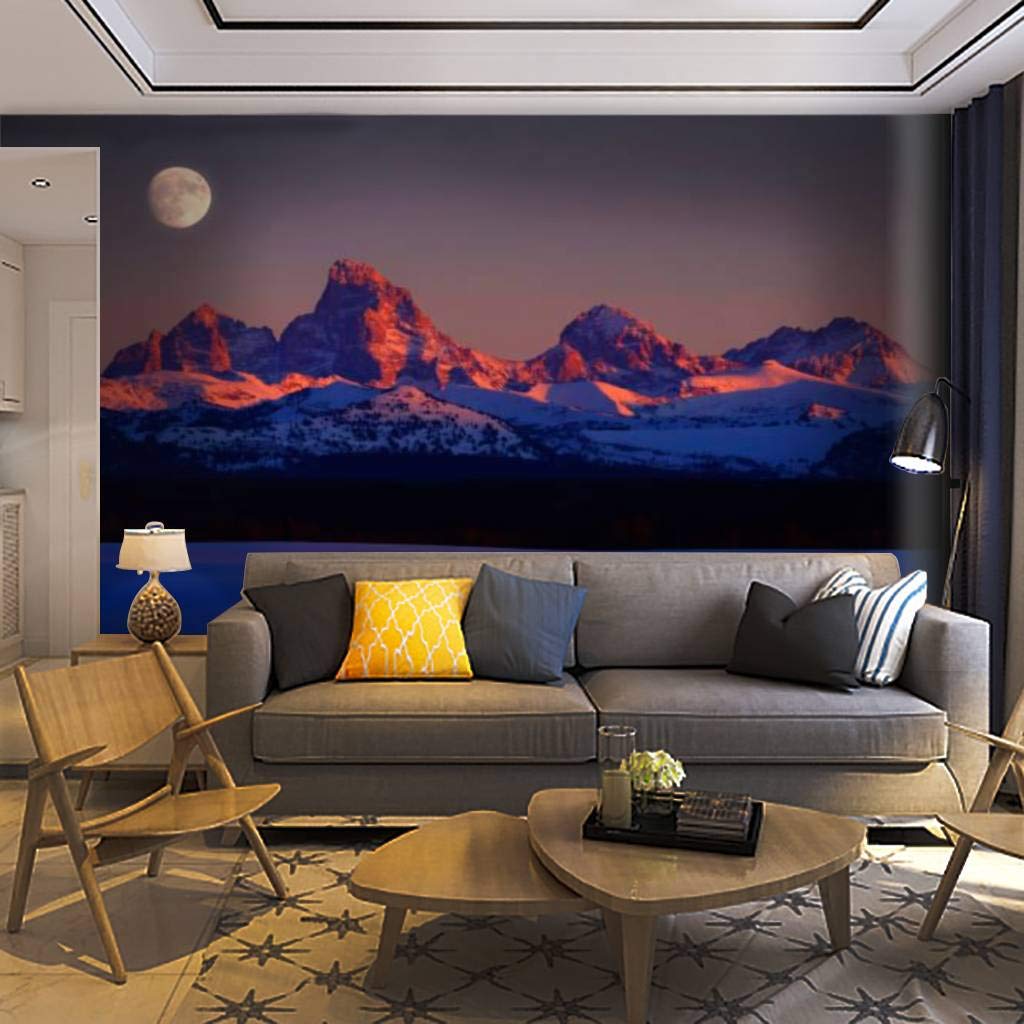 Self-Adhesive Removable Sunset Light Alpen Glow Tetons Mountains Wall Mural - Peel & Stick Wallpaper for Living Room, Bedroom & Home Decor | Easy DIY Wall Sticker, Decal & Poster for Stylish Interior Design