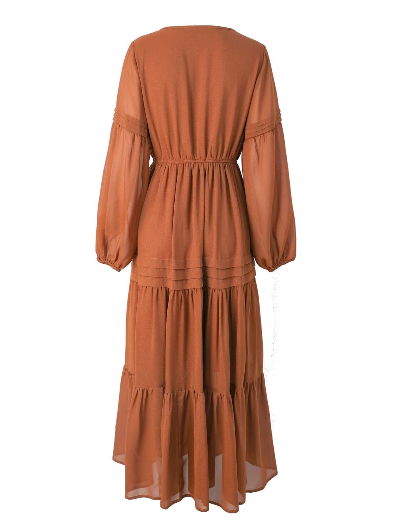 HAOSHU Women's Long Sleeve Brown Dress - Elegant Lantern Sleeves, Tie Neck & Flippy Hem Design for Fall/Winter | Perfect for Office Wear, Date Nights & Special Occasions