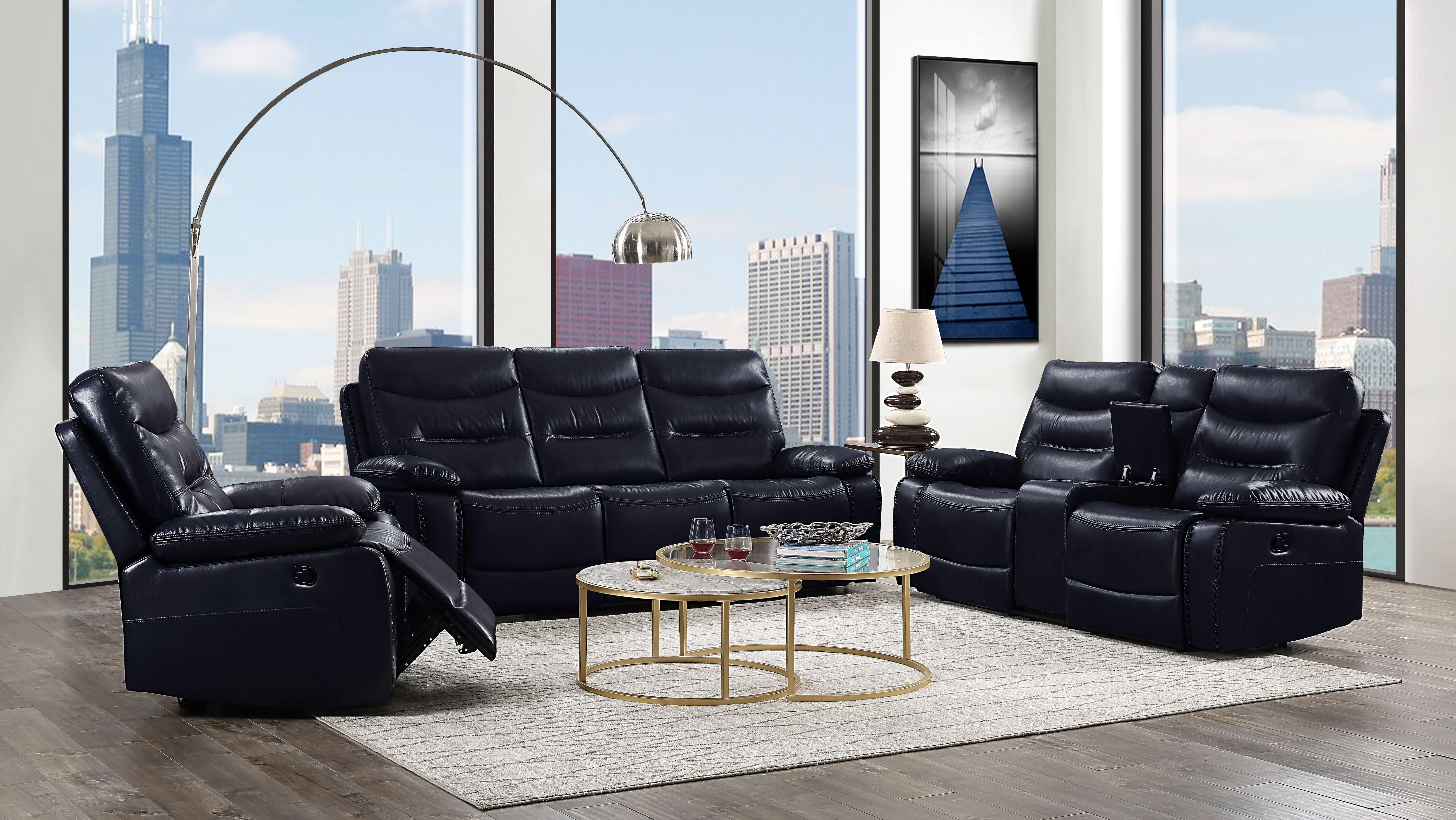 Aashi Navy Blue Genuine Leather Gel Match Sofa with Motion Recliner - Perfect for Living Room, Home Theater, and Family Relaxation