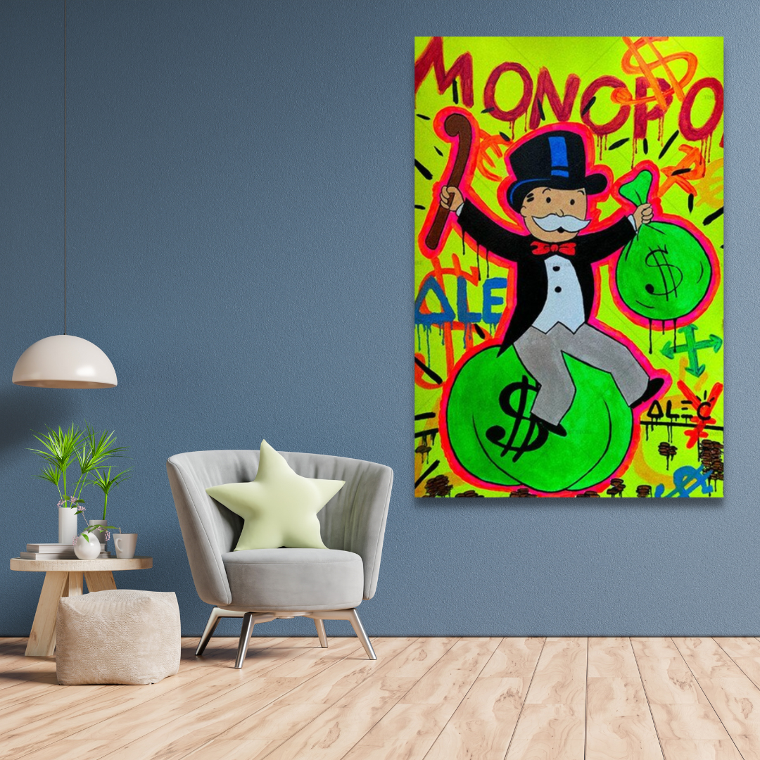 Alec Monopoly Man Money Bags Art Print - Exclusive Wall Decor for Home & Office - Perfect for Art Collectors and Game Room Decor