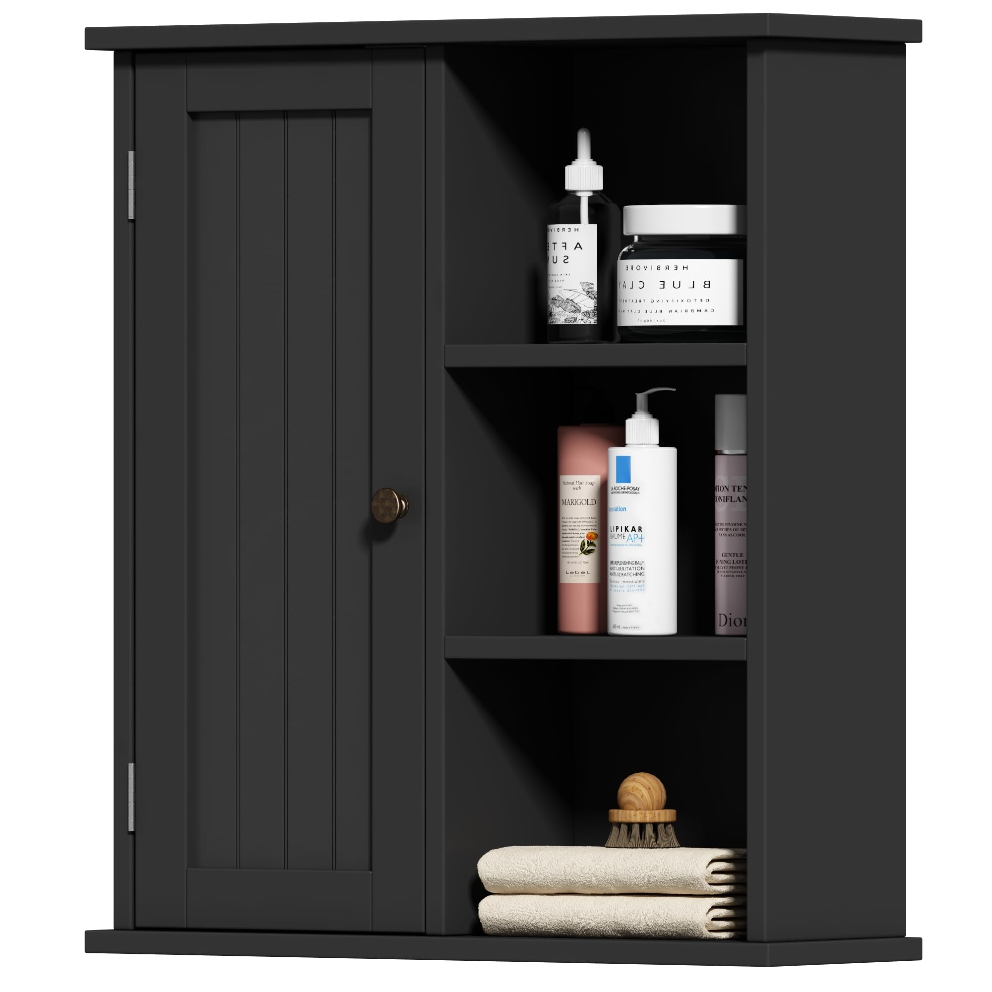 Treocho Wall Mounted Bathroom Medicine Cabinet with Door & 3 Open Shelves - Black Storage Organizer for Bathroom, Kitchen & Living Room | Perfect for Small Space Organization & Home Decor