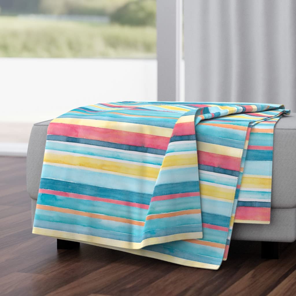 Soft Plush Minky Throw Blanket 50x70 Inches - Summer Watercolor Stripes in Blue, Yellow & Retro Orange | Cozy Couch, Bed & Travel Blanket