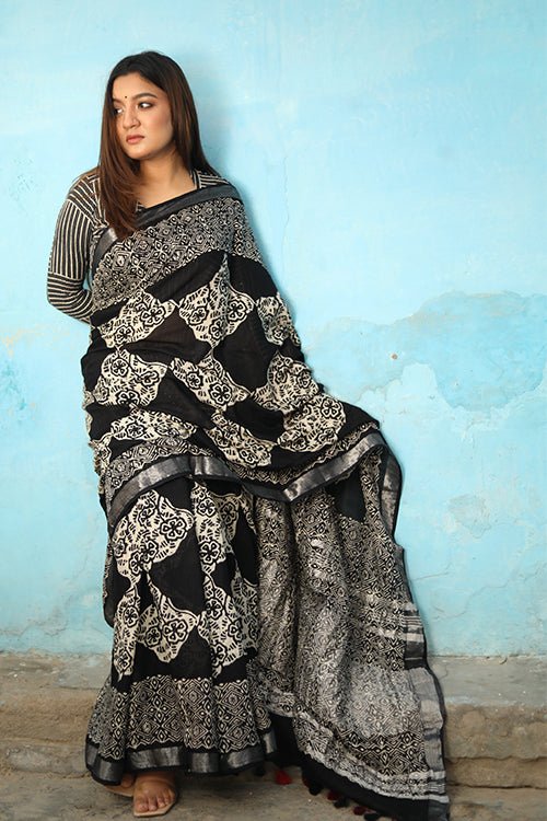 Handblock Printed Slub Cotton Saree | CHUNA PATRI Traditional Indian Saree for Women | Perfect for Festivals, Weddings & Cultural Events