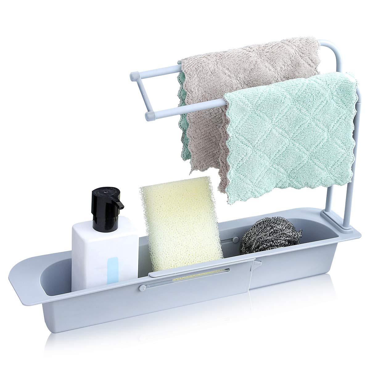 Expandable Sink Organizer Rack - Adjustable Kitchen Sink Storage with Sponge & Soap Holder, Dishcloth Hanger - Space Saving Drain Basket for Small Kitchens (Gray) | Perfect for Organizing Cleaning Supplies Under Sink & Maximizing Counter Space