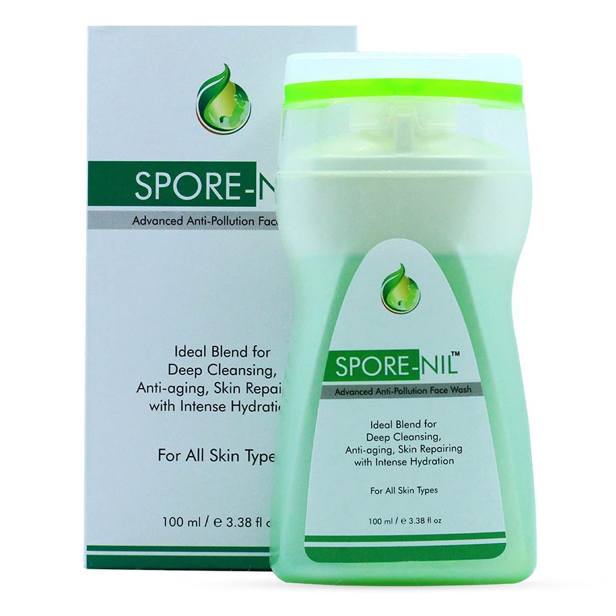 SPORE-NIL Anti-Pollution & Antioxidant Face Wash (100ml) - Deep Cleansing with Green Tea, Hyaluronic Acid & Vitamin E for Men & Women | Removes Impurities & Dirt | Perfect for Daily Skincare Routine & Post-Workout Cleansing