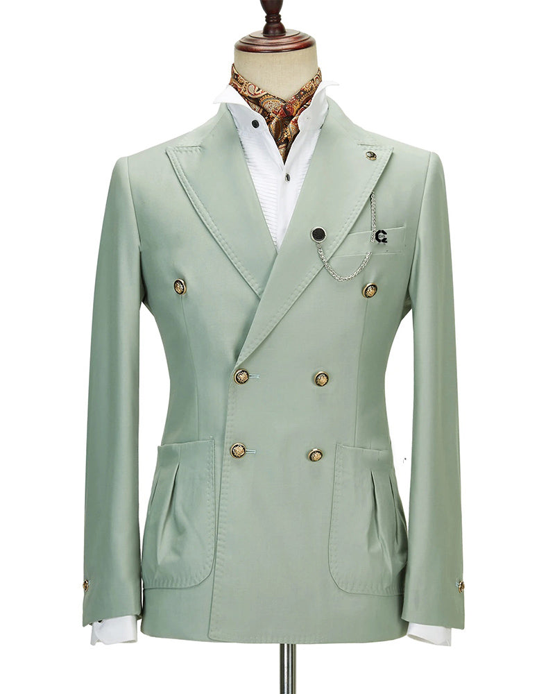 Sage Green Double Breasted Suits 2-Piece Set for Men | Formal Business Wedding & Graduation Outfit | Slim Fit Blazer & Pants (CS24391)
