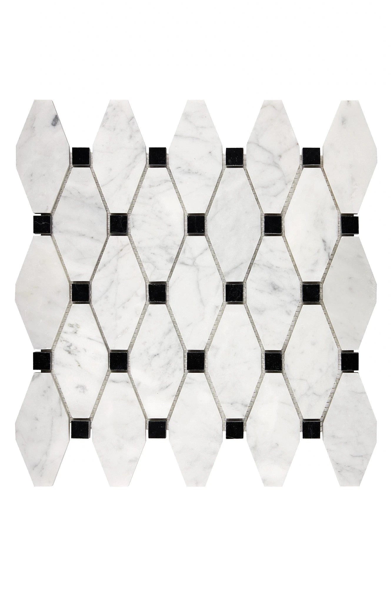Carrara White Gioia Marble Hexagon Mosaic Tile - Elongated Black Geometric Pattern for Bathroom Floor and Kitchen Backsplash
