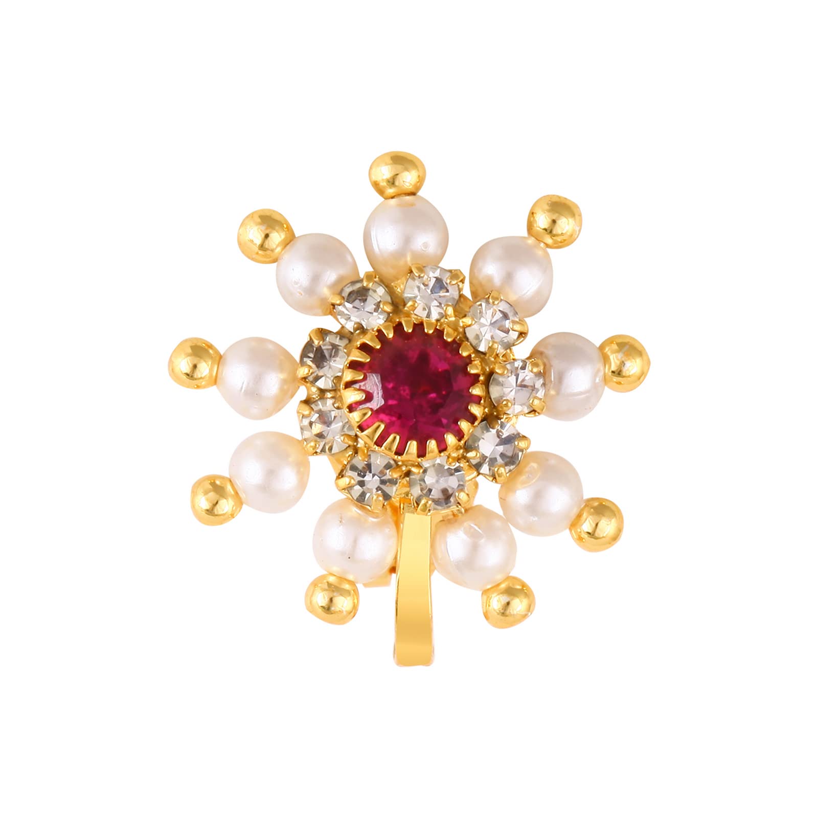 Vighnaharta Gold Plated Pearl CZ & Artificial Stone Clip-On Maharashtrian Nose Ring - Valentine's Day Gift for Women & Men - Perfect for Weddings, Festivals & Ethnic Outfits {VFJ1192NTH-Clipon-Red}