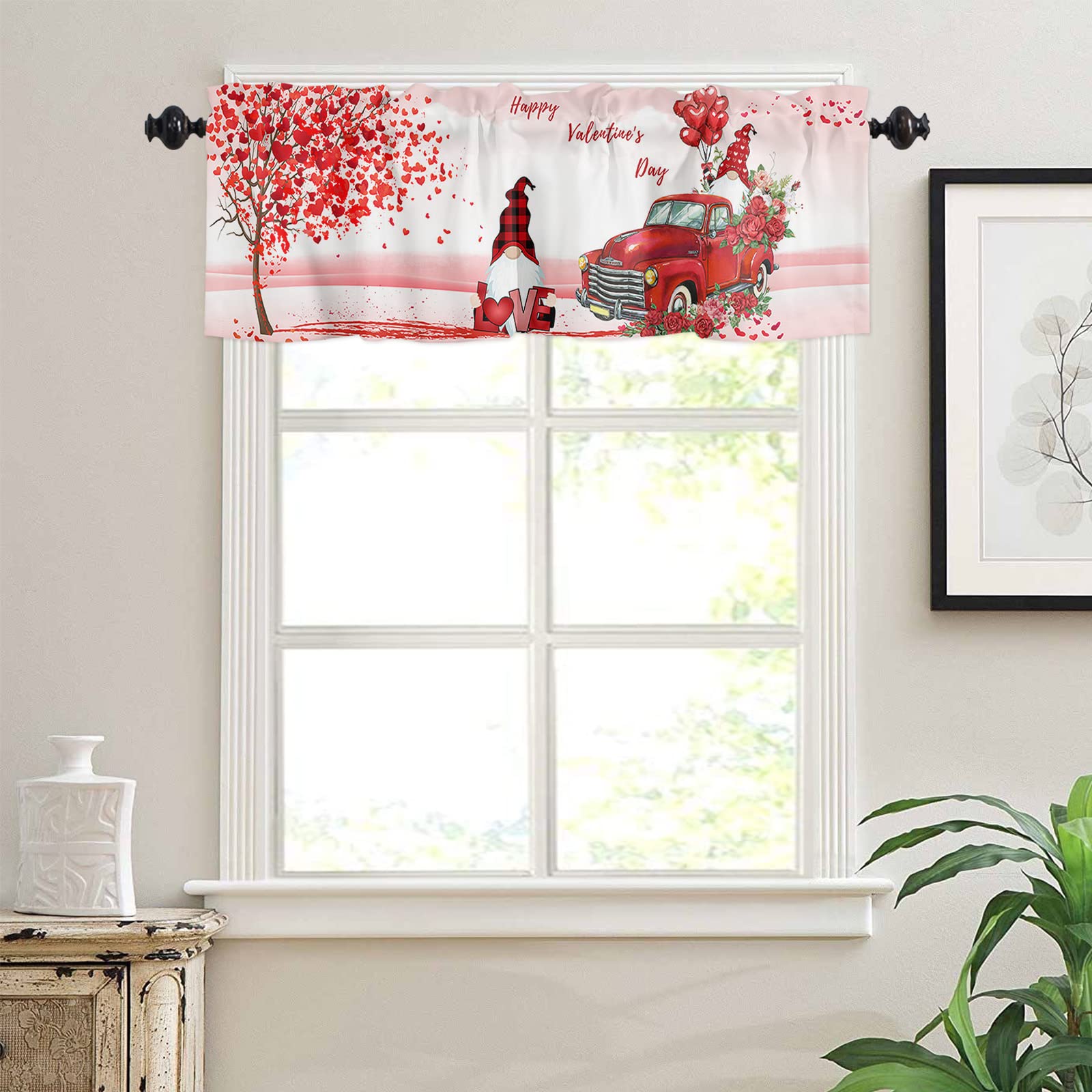 Valentine's Day Gnome Curtains with Heart & Truck Design - Red Love Theme Window Treatment for Living Room, Bedroom, Kitchen - Machine Washable 54x18 Inch - Perfect for Valentine's Decor, Cozy Home & Holiday Gift Giving