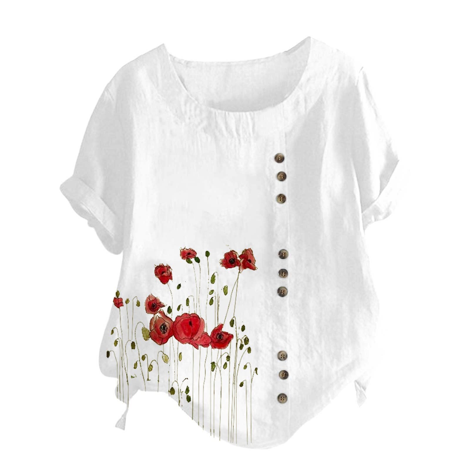 Women's Short Sleeve Tunic Tops - Fashion Print Cotton Linen Blend Button Down Shirt, Loose Fit Casual Blouse for Everyday Wear | Perfect for Work, Weekend & Summer Outfits