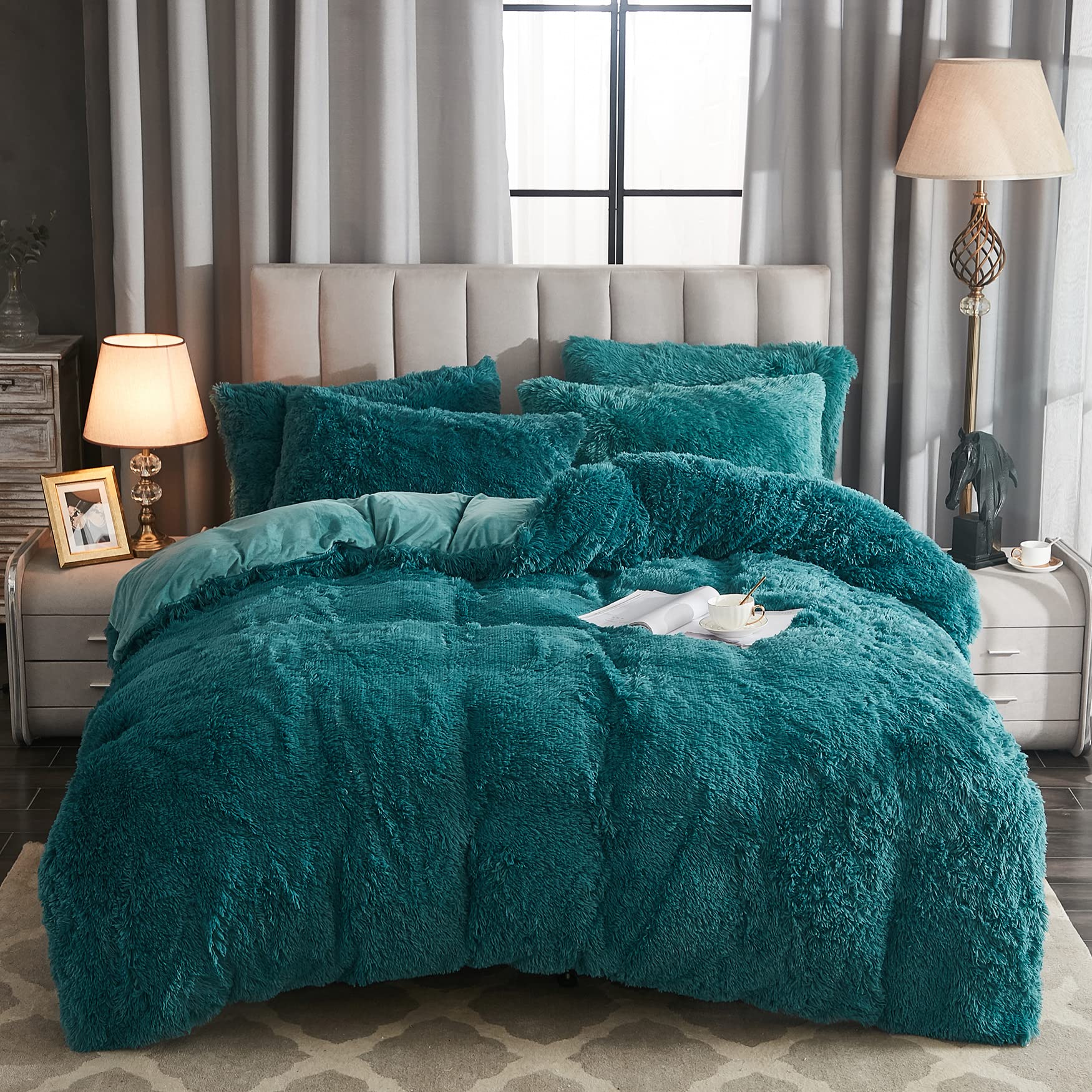 Premium WERDIM Shaggy Fluffy Faux Fur Duvet Cover Set - King Size Teal Green Velvet Bedding with Button Closure & Pillowcases | Ultra Soft Luxury Comforter Cover for Cozy Winter Nights & Stylish Bedroom Decor