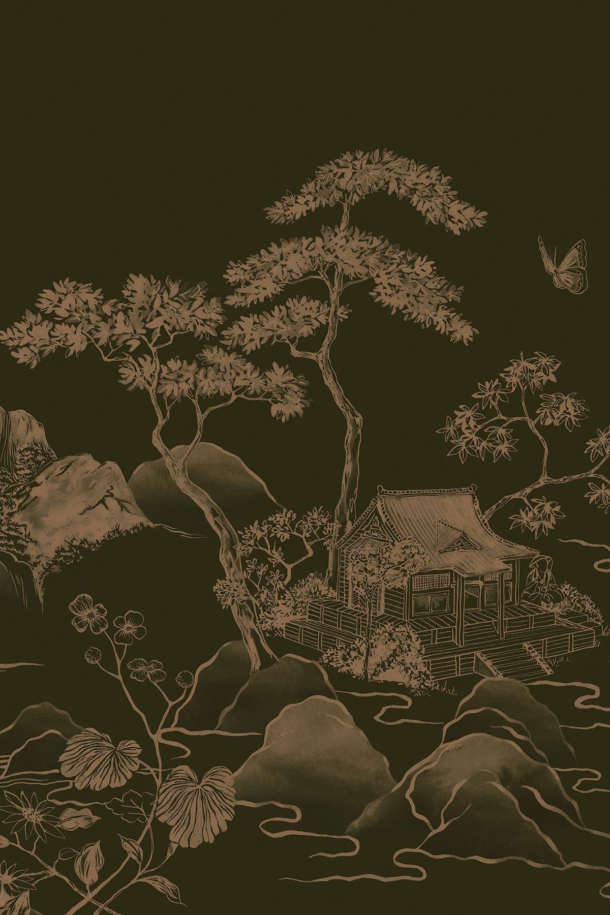 Asian Scenery Olive Green Wall Art Canvas Print - Nature Landscape Painting for Living Room, Bedroom & Office Decor
