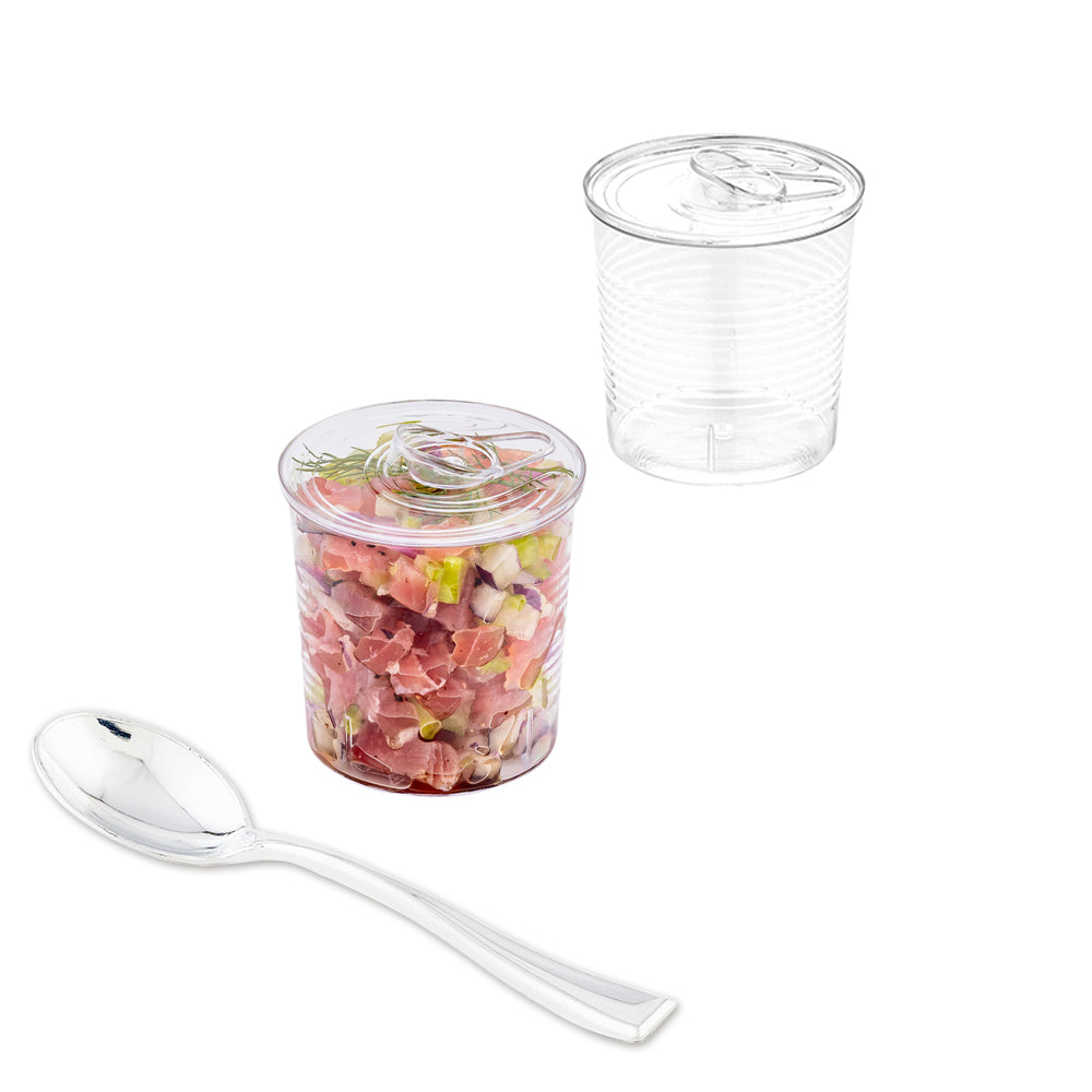 100 Pack 4 oz Clear Round Plastic Tin Cans with 100 Silver Mini Plastic Spoons - Perfect for Party Favors, Wedding Candies, DIY Crafts & Small Treat Storage