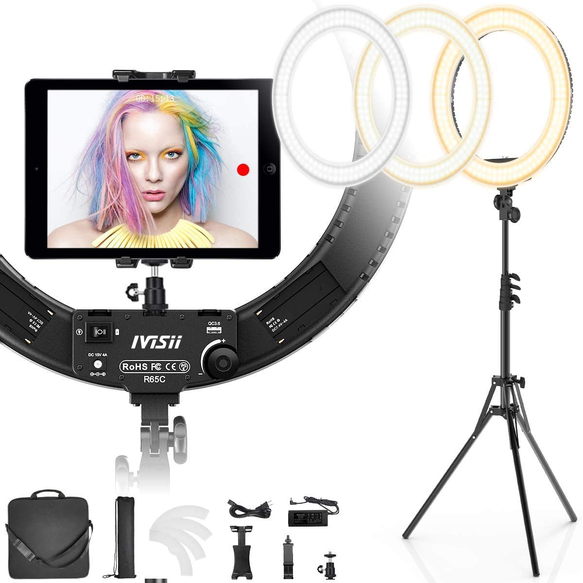 19 Inch Ring Light with Stand & Phone Holder - 60W Bi-Color LED for Live Streaming, Makeup, YouTube Videos, TikTok, Zoom & Photography - Perfect for Content Creators, Beauty Vloggers & Home Studio Setup (Black)