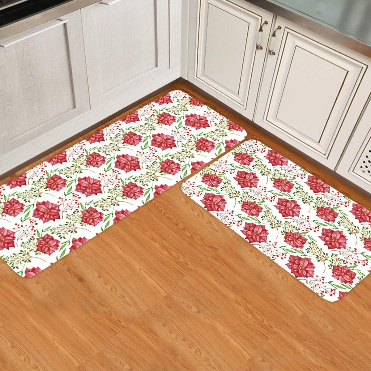 Christmas Kitchen Rug Set - 2 Piece Cushioned Anti-Fatigue Floor Mats with Red Poinsettia Blooms Design, Waterproof & Easy Clean Microfiber (23.6