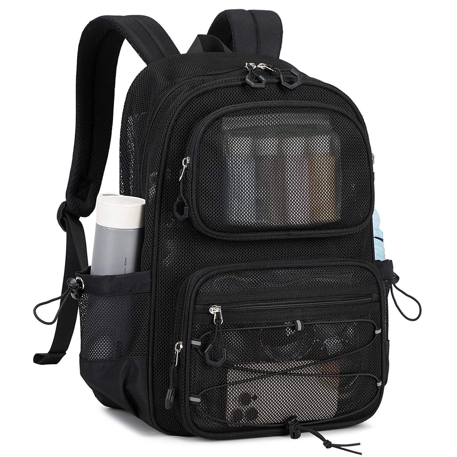 Mesh Backpack - Heavy Duty See Through Transparent Bookbag, Ultra Lightweight Breathable Net Backpack for School, Gym, Travel & Beach Sports (Black) - Perfect for School Supplies, Workout Gear & Outdoor Adventures