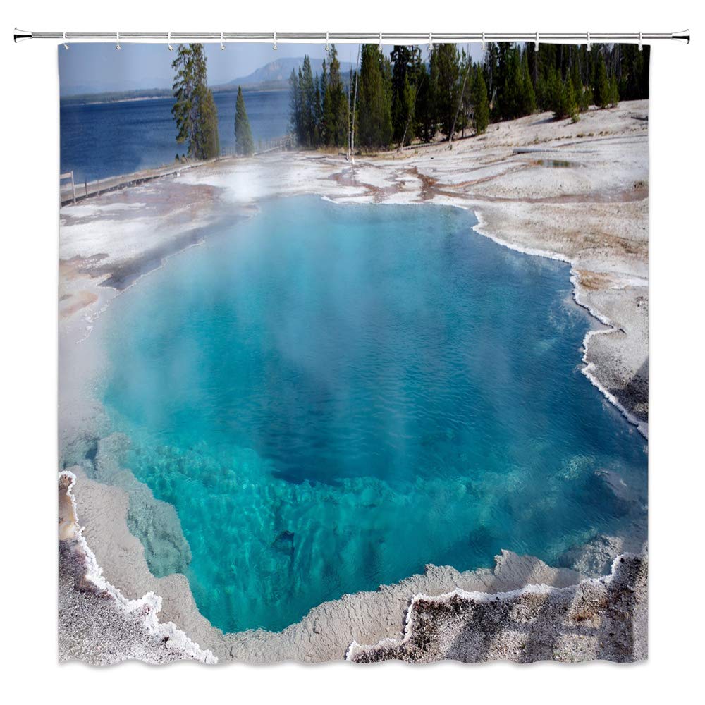 Yellowstone National Park Hot Springs Shower Curtain - Scenic Lake Mountain Blue Fabric Bathroom Decor with Plastic Hooks (70x70 Inch) - Perfect for Nature Lovers' Bathrooms & Themed Home Decor