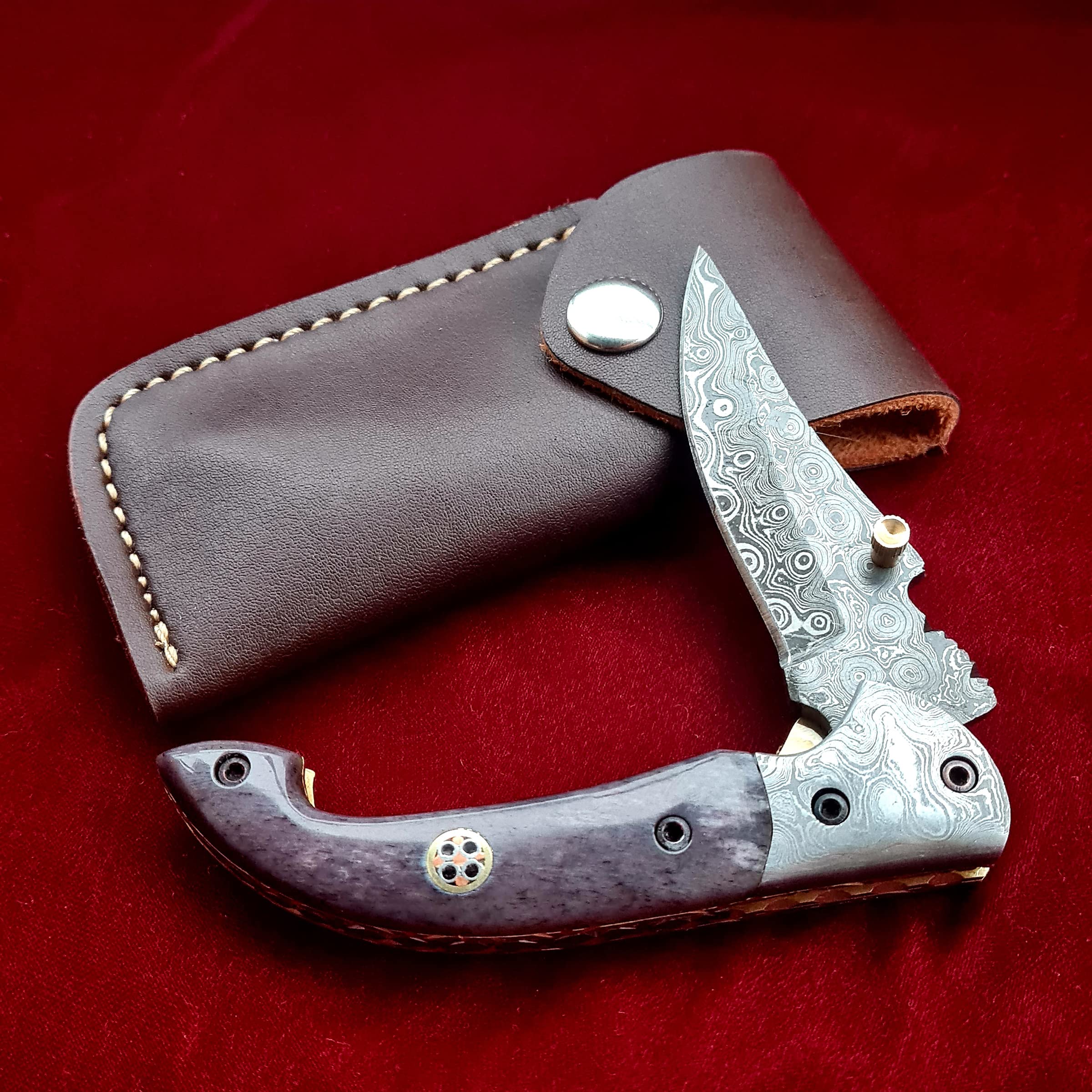Premium Damascus Steel Folding Pocket Knife - Handcrafted Outdoor Survival Tool for Camping, Hiking & Everyday Carry (Model FK42)