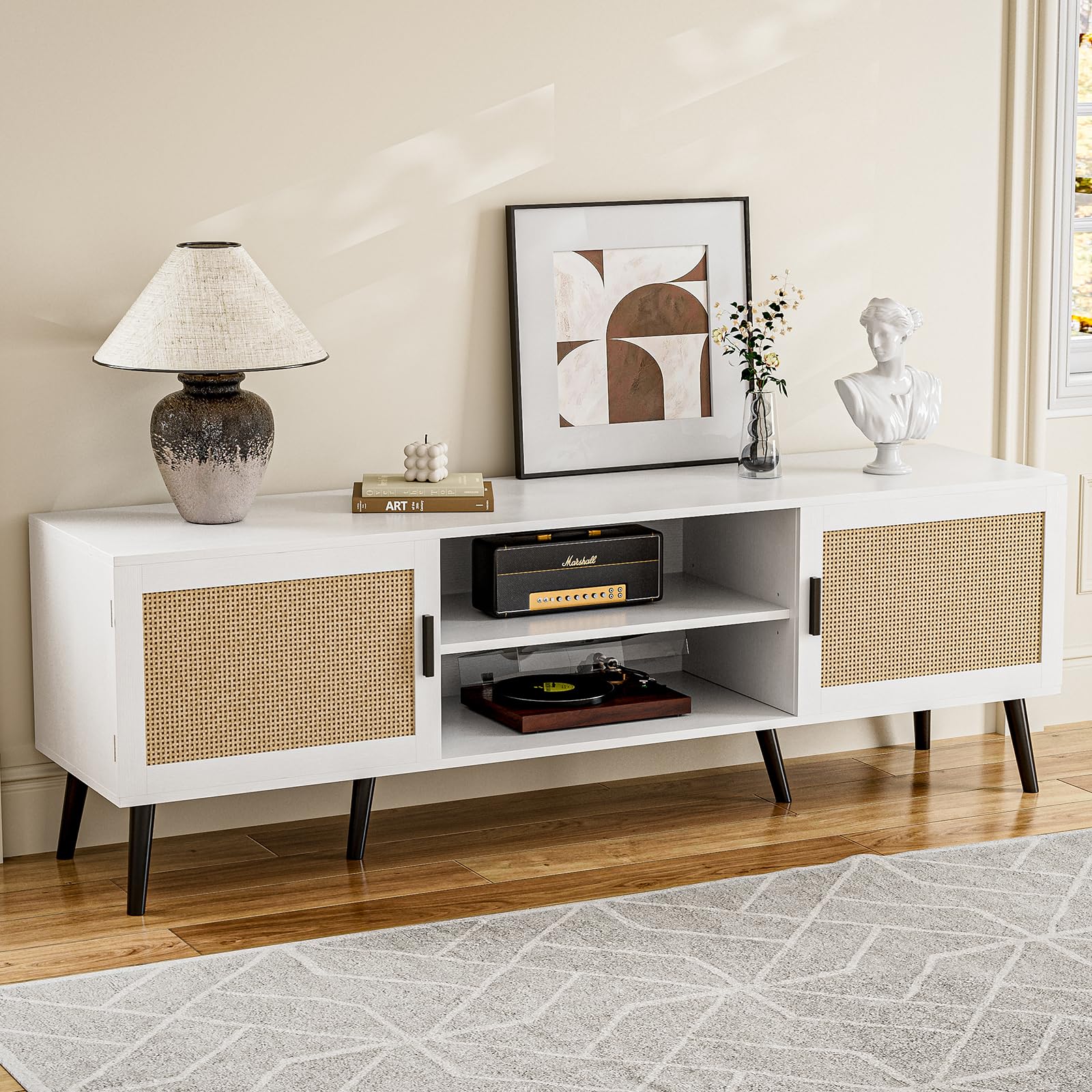 Mid Century Modern TV Stand for 65 Inch TVs - Boho Entertainment Center with Rattan Doors, Open Shelves & 2 Storage Cabinets - White Media Console for Living Room, Bedroom - Perfect for Home Theater Setup & Stylish Home Decor