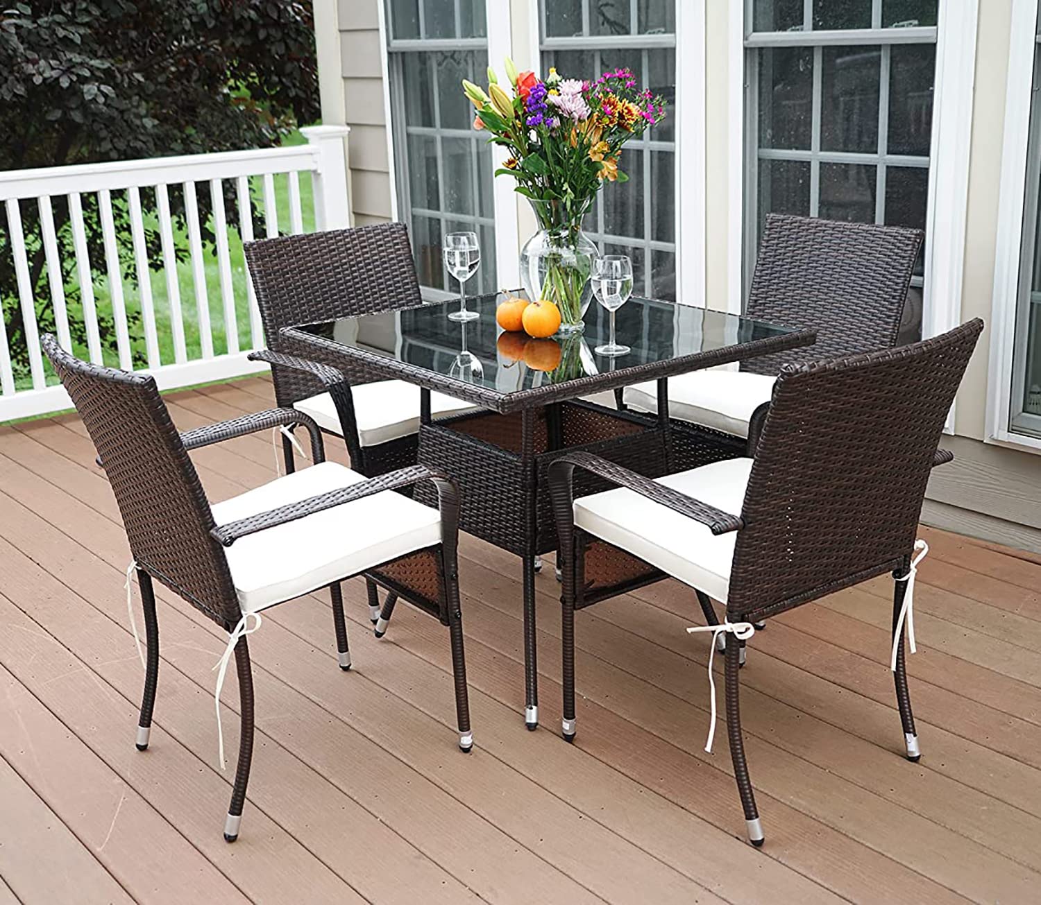 Outdoor Patio Dining Set for 4 - All-Weather Wicker Chairs & Tempered Glass Table - Perfect for Backyard, Deck, Poolside or Apartment Balcony | Durable & Stylish Garden Furniture for Entertaining