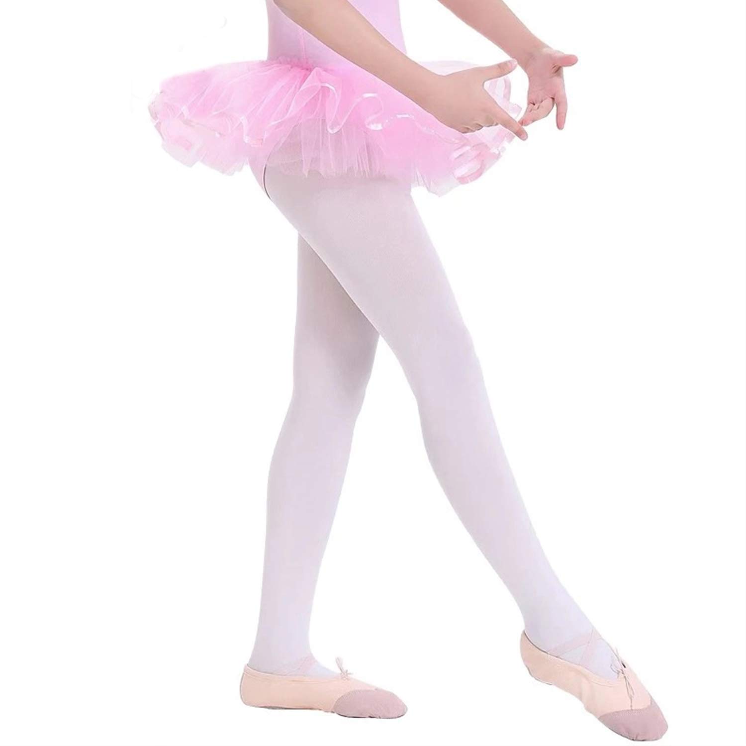 Ultra Soft Pink and White Ballet Tights for Girls - Comfortable Footed Dance Tights for Ballet Classes, Performances, and Recitals