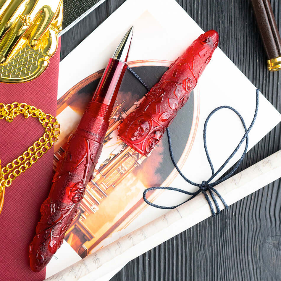 Benu Skull & Roses Rollerball Pen with Red Rose Design - Premium Writing Gift for Gothic Lovers, Perfect for Journaling, Note Taking & Dark Aesthetic Decor