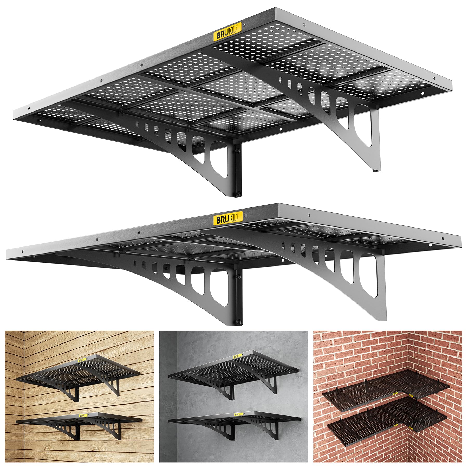 2-Pack 2x3ft Adjustable Wall Mounted Shelves - Heavy Duty Garage Storage Racks for Organizing Tools, Kitchenware & Home Decor - Floating Shelves for Garage, Storage Room, Kitchen & Office (Black)