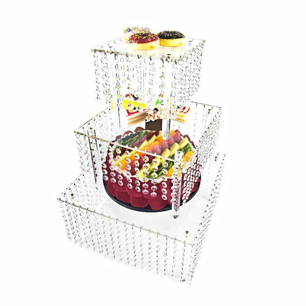 3 Tier Square Crystal Cake Stand Set - Elegant Wedding Dessert Display for Cupcakes, Cakes & Pastries - Silver Finish for Bridal Showers, Birthday Parties & Tea Events
