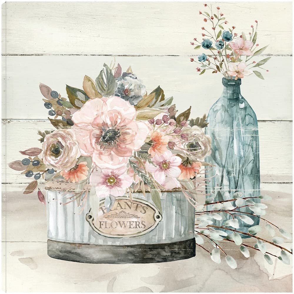 Carol Robinson Floral Canvas Wall Art - 32x32 Inch Ready to Hang Shiplap Plant & Flower Painting for Living Room, Bedroom, Bathroom, Kitchen, Office, Bar, Dining & Guest Room Decor - Perfect for Farmhouse, Boho & Coastal Home Styling