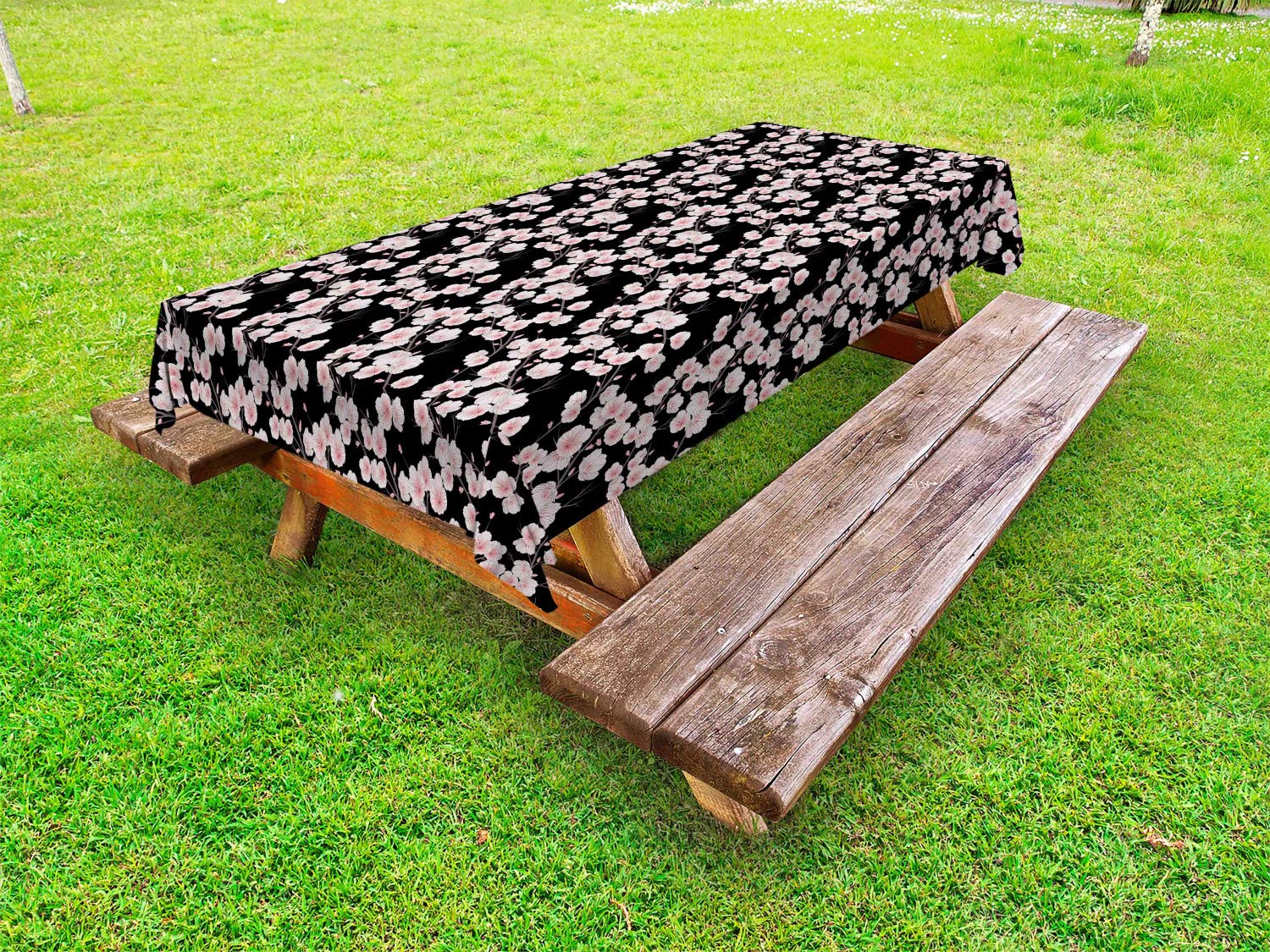 Ambesonne Cherry Blossom Outdoor Tablecloth - Rustic Japanese Design with Nature-Inspired Branches, Blooms & Buds - Washable Picnic Table Cover 58x120 Inches - Dark Brown & Blush White - Perfect for Garden Parties, BBQs, and Spring Outdoor Dining
