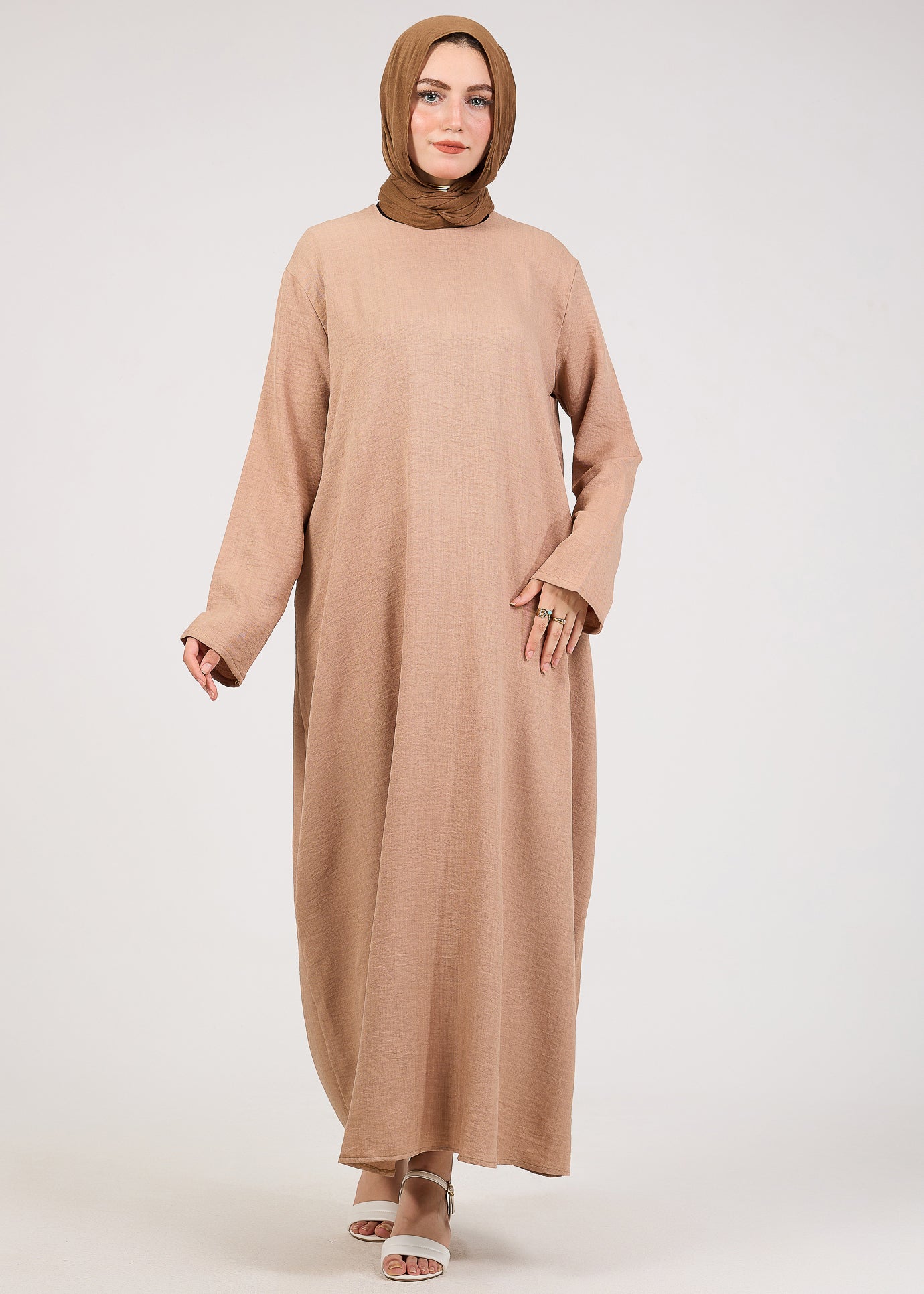 Khaki Kira Loose Slip Dress with Pockets - Maxi Length Long Sleeve Casual Dress for Women | Perfect for Beach, Vacation, and Everyday Wear