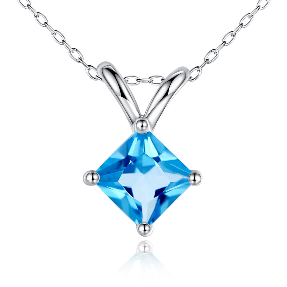 14K Solid White Gold Princess Cut 5MM Genuine Blue Topaz & Amethyst Pendant Necklace for Women - Elegant Jewelry Gift for Birthday, Anniversary & Special Occasions