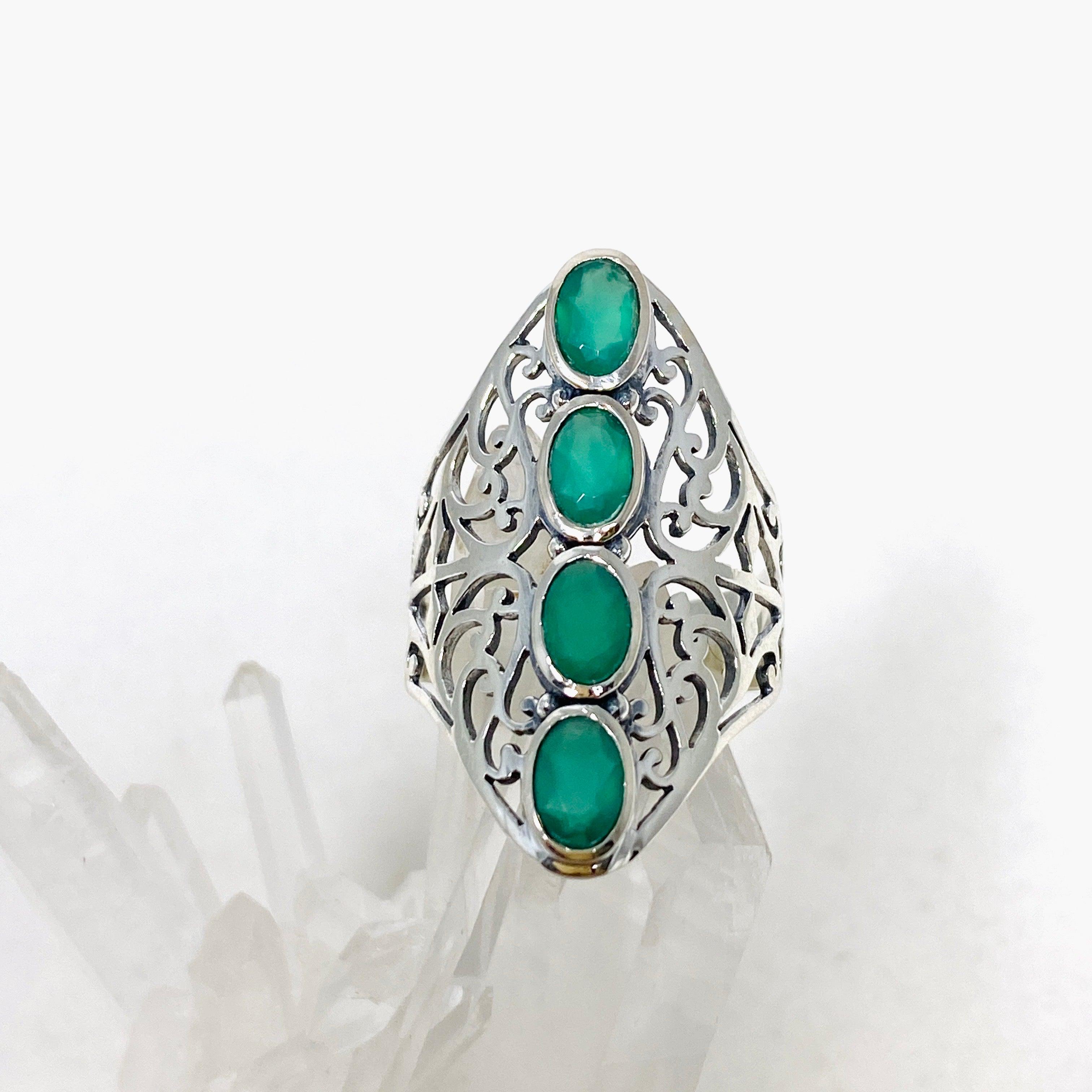 Green Chalcedony Faceted Multi-Stone Filigree Ring R3608 – Elegant Jewelry for Women, Perfect for Weddings, Parties & Special Occasions