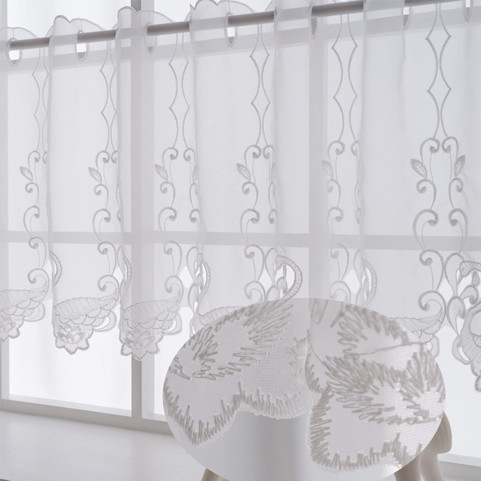 Semi Sheer Embroidered Window Valances - Soft, Durable & Breathable Short Curtain Panels 45x230cm for Living Room, Bedroom, Laundry Room - Perfect for Small Windows & Home Decor