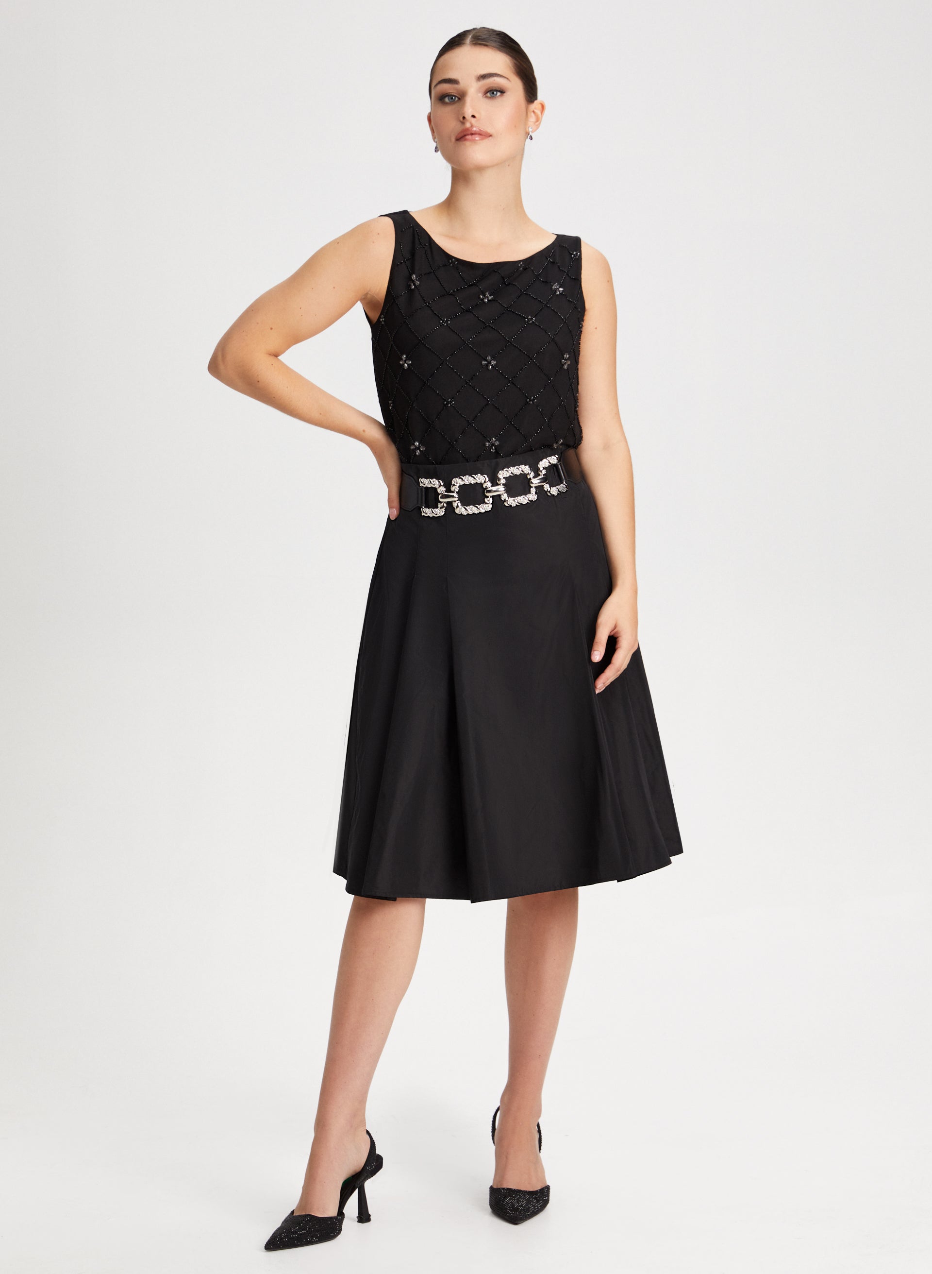 Flared Skirt & Beaded Sleeveless Top Set - Women's Elegant Party Outfit for Dinner Dates & Special Occasions