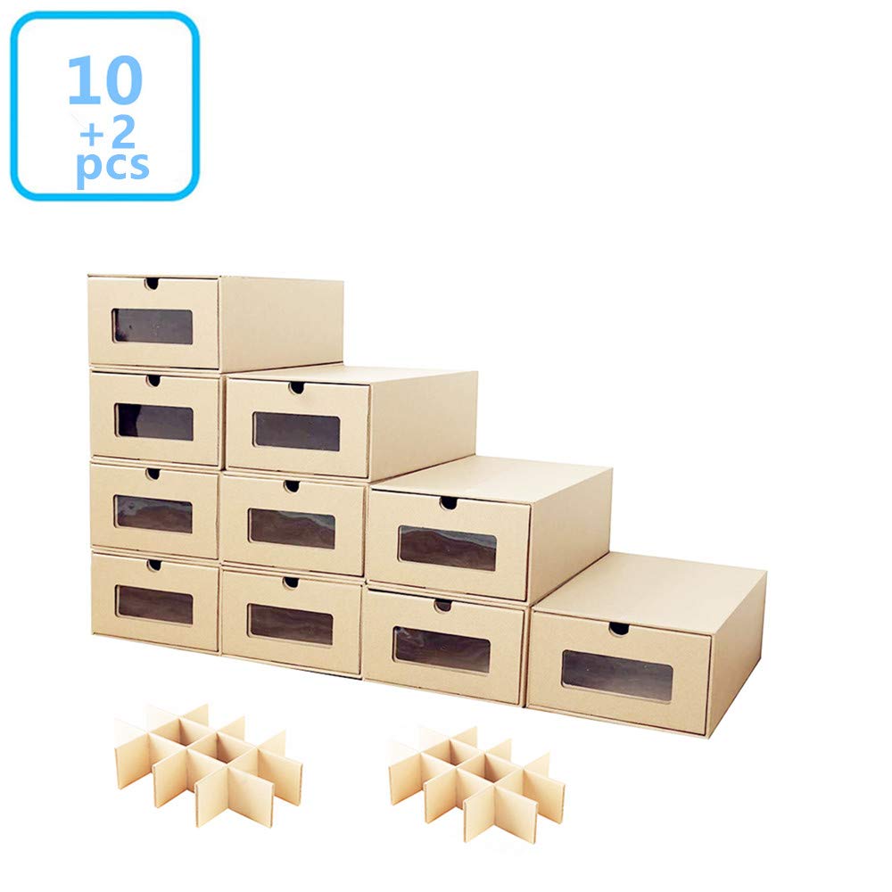 DIY Clear Shoe Storage Boxes - 10 Pack with Dividers for Organizing Shoes, Socks & Underwear | Stackable Cardboard Shoe Box Organizer for Closet, Bedroom & Dorm Room Storage Solutions