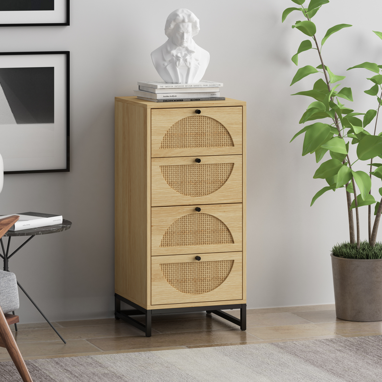 Modern 4-Drawer Wood & Rattan Storage Cabinet - Tall Bedside Nightstand with Metal Base - Wicker Dresser Chest for Living Room, Bedroom, Office - Perfect for Small Space Organization & Home Decor