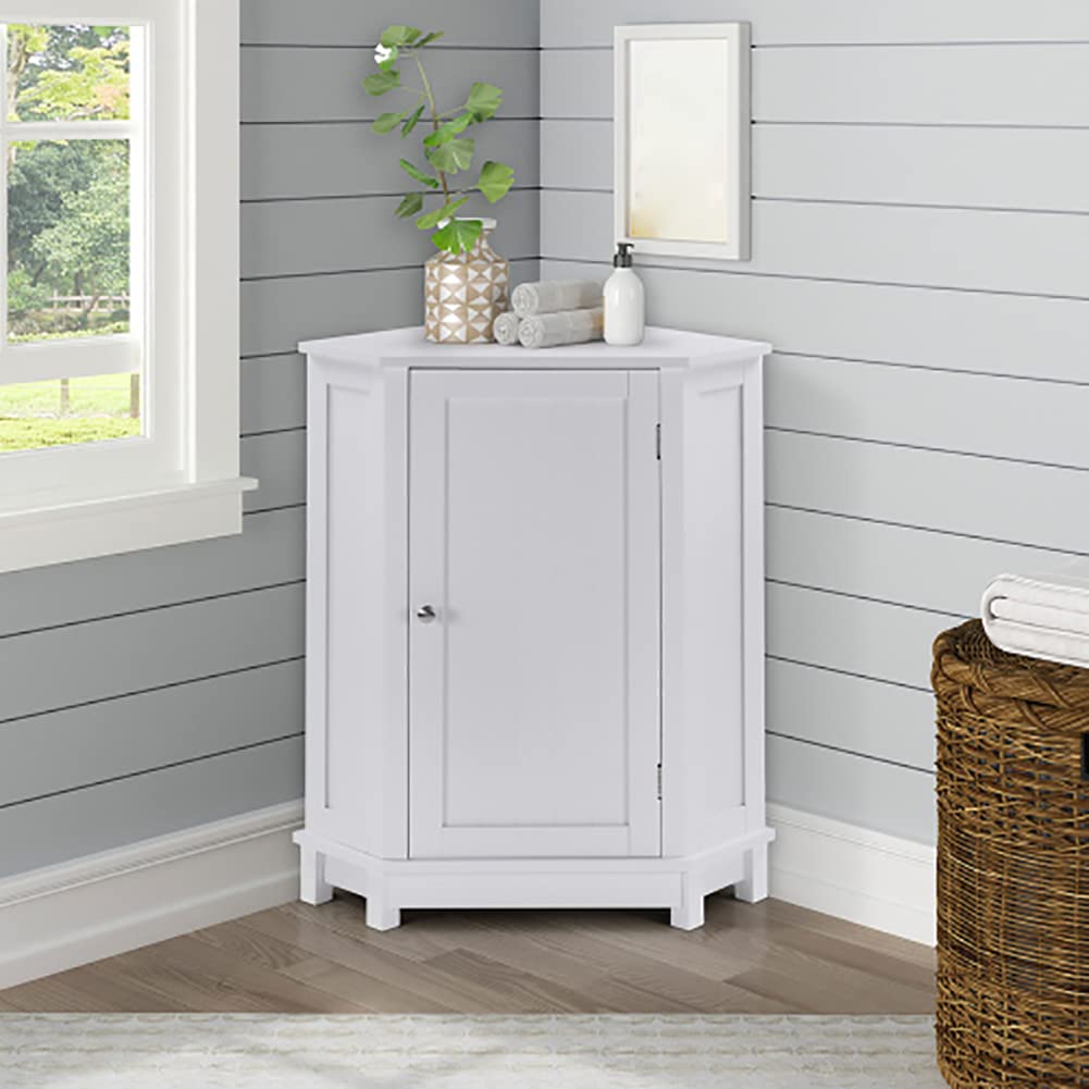 White Free Standing Bathroom Cabinet with Adjustable Shelf - Corner Storage Organizer for Bathroom, Home Office & Living Room - Single Door Floor Cabinet for Toiletries & Household Items