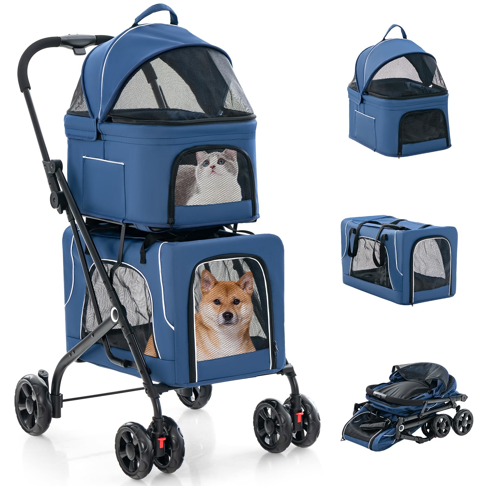 Giantex Double Dog Stroller for 2 Small Medium Dogs - Foldable Pet Stroller with Detachable Carriers, Safety Belt & 4 Lockable Wheels - Cat & Dog Travel Carrier for Outdoor Walks, Shopping & Vet Visits (Blue)