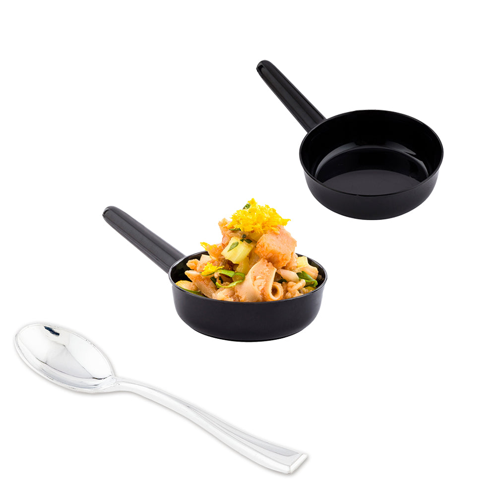 100-Pack 1 oz Black Plastic Mini Sauce Containers with 100-Pack Silver Plastic Mini Spoons - Perfect for Restaurants, Catering, Parties & Home Use