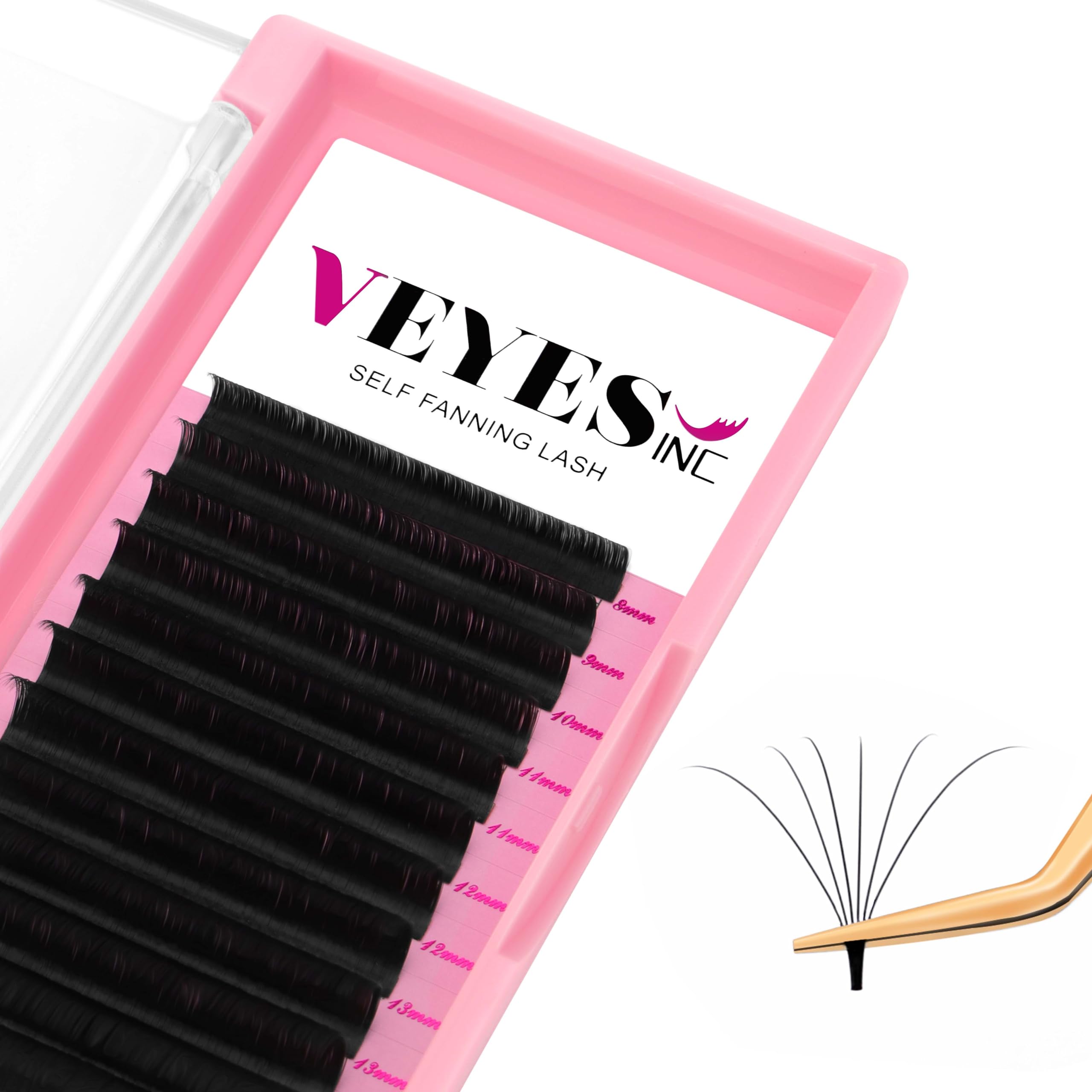 VEYES INC Professional 0.03 C 16mm Easy Fan Volume Lash Extensions - Matte Black Self-Fanning Eyelashes in 03/05/07 J/B/L/C/CC/D/DD Curls (8-25mm Mixed & Single Length Tray) - Perfect for Lash Technicians & Salon Use