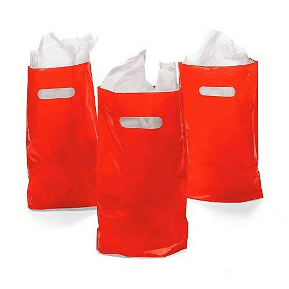 50 Pack Red Plastic Bags - Durable & Reusable Grocery Shopping Bags for Retail, Parties, and Waste Disposal