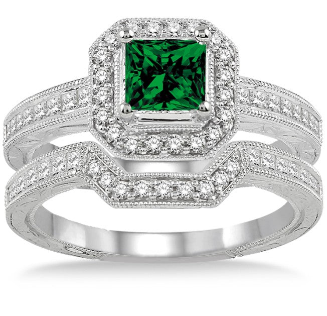 2 Carat Emerald Antique Halo Bridal Ring Set in 10k White Gold - Vintage Engagement & Wedding Jewelry for Brides