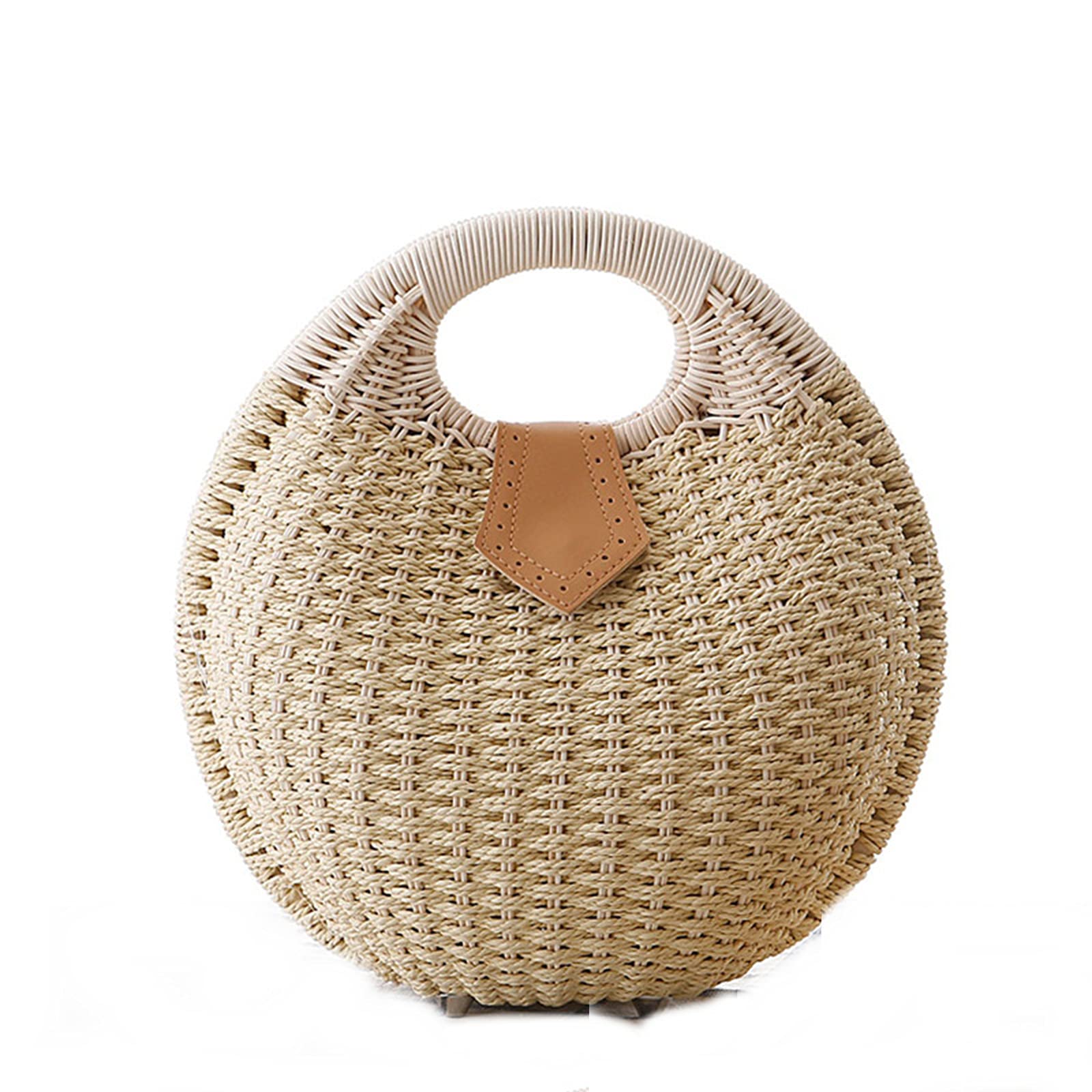 Handwoven Straw Tote Bag for Women - Retro Beach Rattan Purse with Shell Handle Ring - Perfect for Summer Vacations, Beach Trips, and Outdoor Picnics